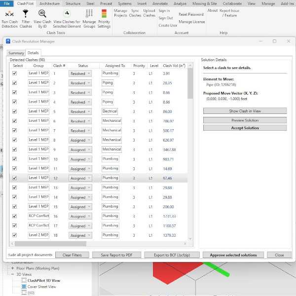 The ClashPilot Clash Resolution Manager interface, showing a list of clashes and their details.