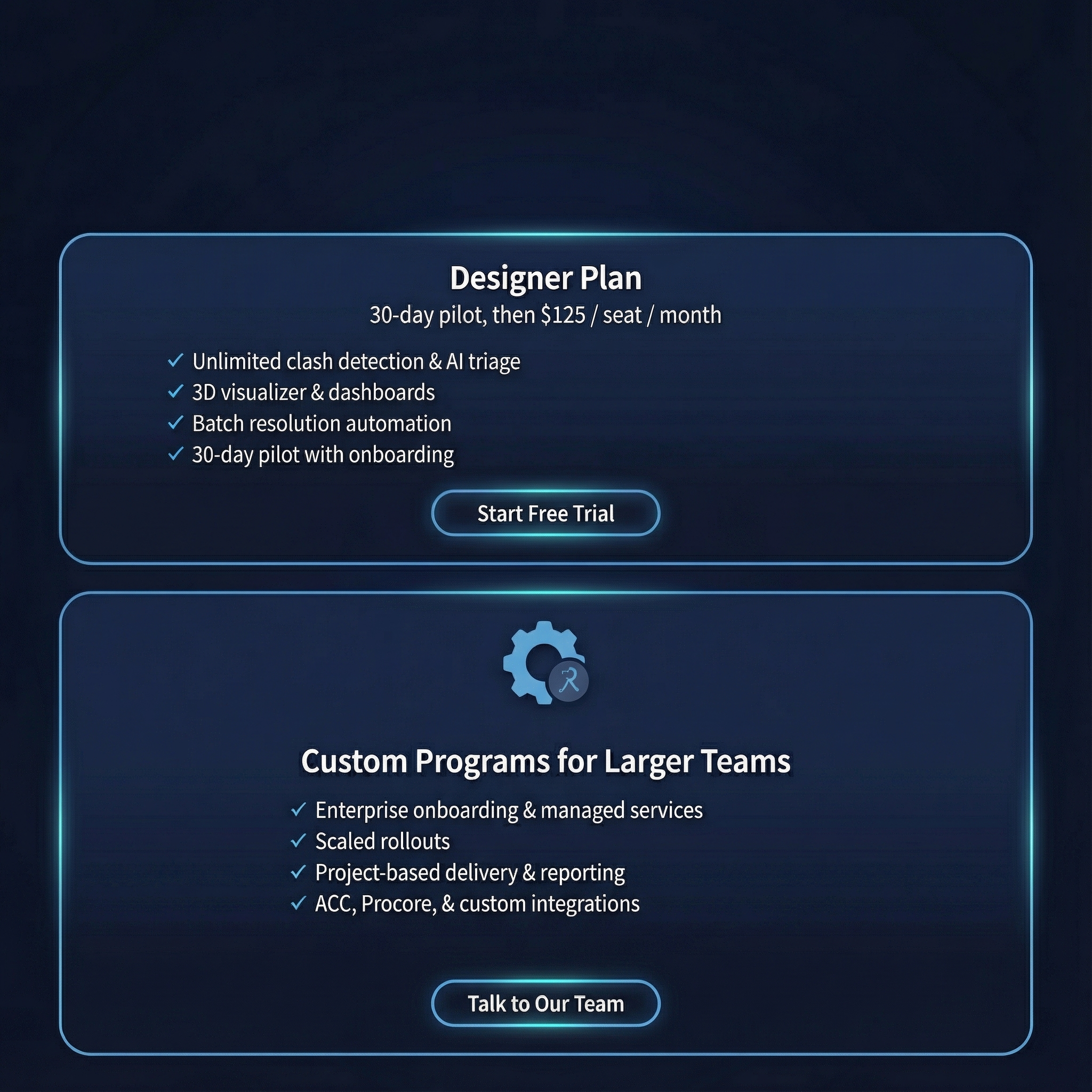 Illustration of ClashPilot Designer plan pricing and enterprise options